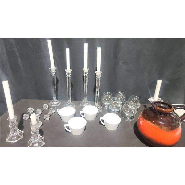 Denby Cups, Crystal Candle Holders, West German Pottery Pitcher
