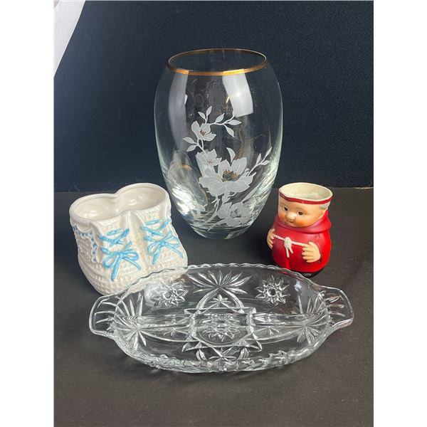 Hand-Painted Glass Vase With White Floral Design and Pressed Glass Tray