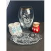 Image 1 : Hand-Painted Glass Vase With White Floral Design and Pressed Glass Tray