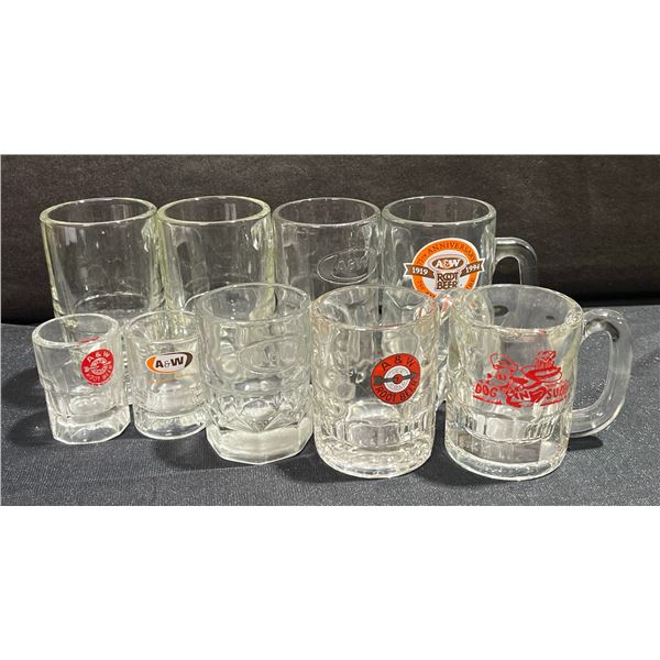 9 Collectible Glass Mugs Including A&W Root Beer And Dog N Suds Logos
