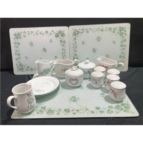 Porcelain Tableware Set With Ivy Motif, 3 Glass Cutting Boards