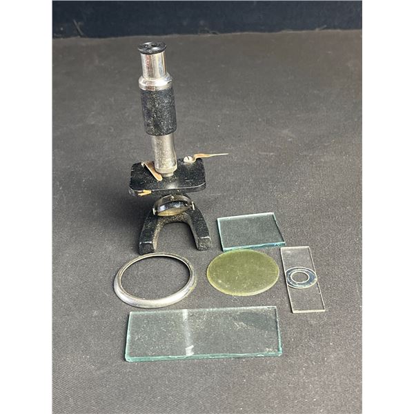 Small Metal Microscope with Selection of Glass Slides and Circular Lenses
