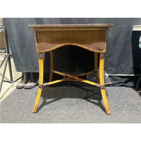 Square Wicker and Wood Side Table with Woven Detail