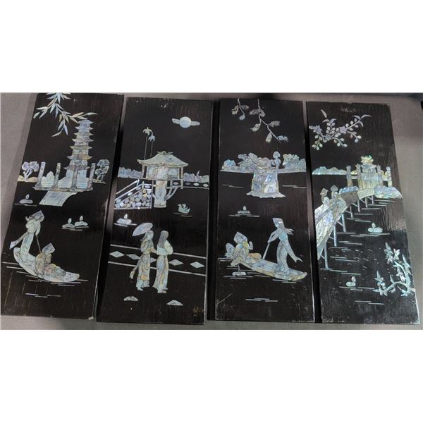 4 Asian Lacquered Panels With Mother Of Pearl Inlay
