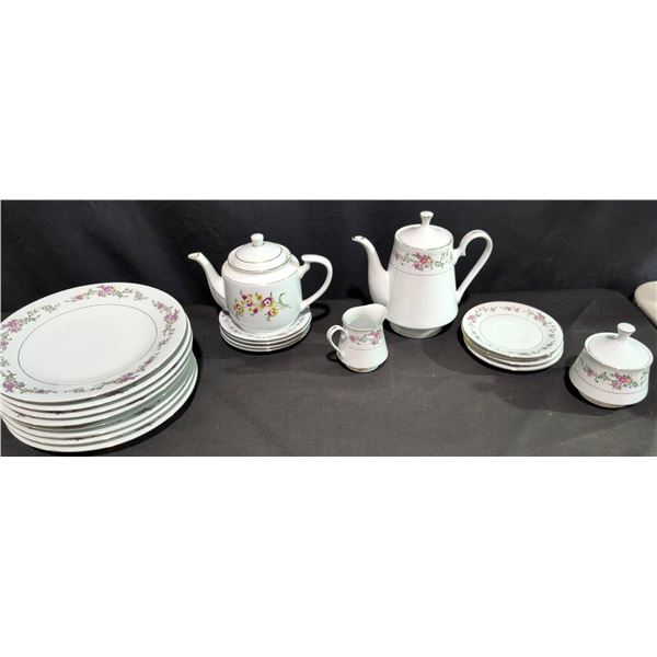 Porcelain Floral Tea Set and Plates, 19 Pieces