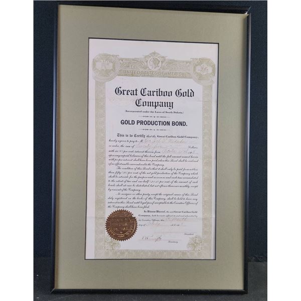 Great Cariboo Gold Company Gold Production Bond, Framed Certificate
