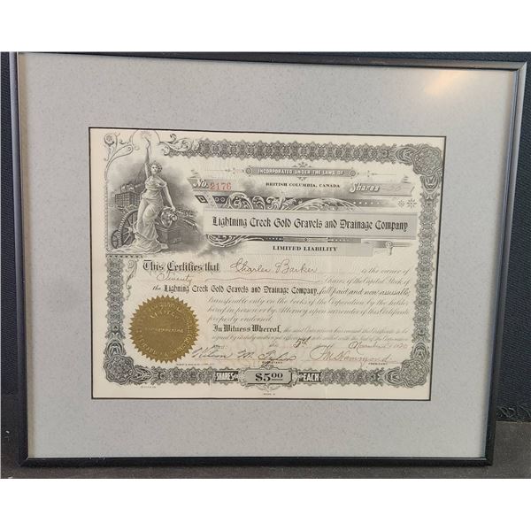 Lightning Creek Gold Gravels and Drainage Company Share Certificate
