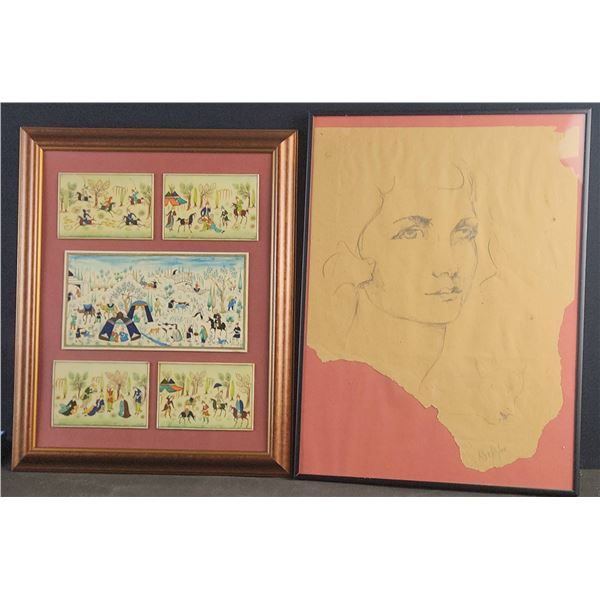 Framed Portrait Drawing & Framed Persian-Style Miniature Panels