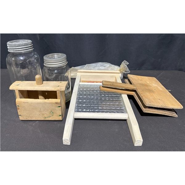 Collection With Pearl Glass Washboard, Wood Butter Mold, Carders, Jars, Wrappers