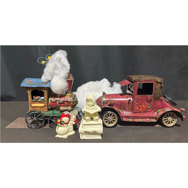 Metal Decorative Holiday Car Music Box and Santa-Themed Train Ornament Lot