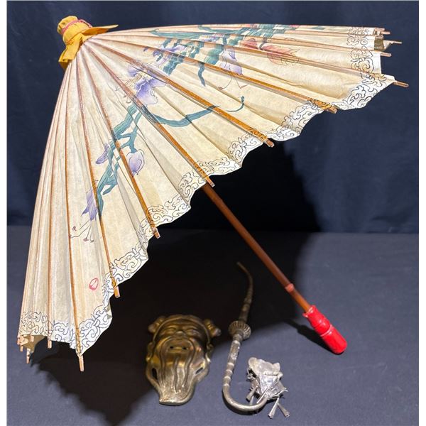 Chinese Paper Parasol, Brass Face Mask, and Ornate Metal Opium Pipe Group