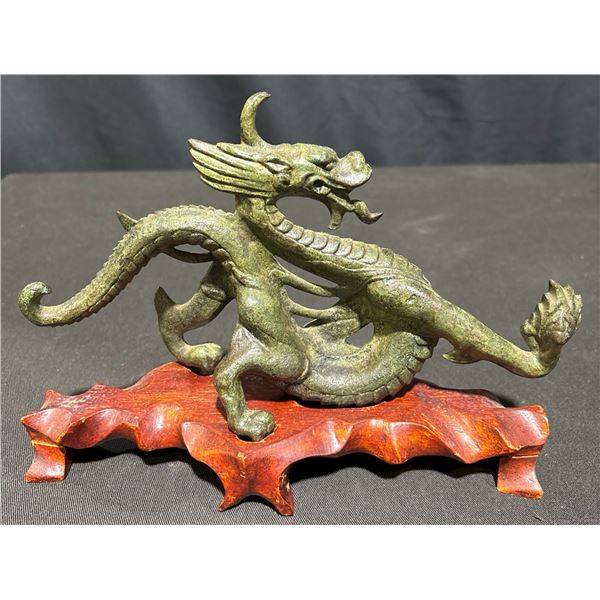 Bronze Dragon Sculpture with Wood Stand, Asian-Inspired Mythical Creature Decor