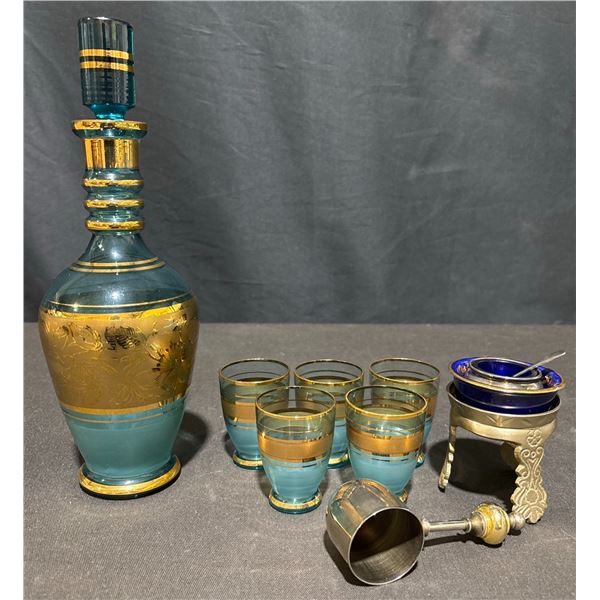 Blue and Gold Glass Decanter Set with 5 Glasses, E.P. Brass H.B.C. Salt Cellar