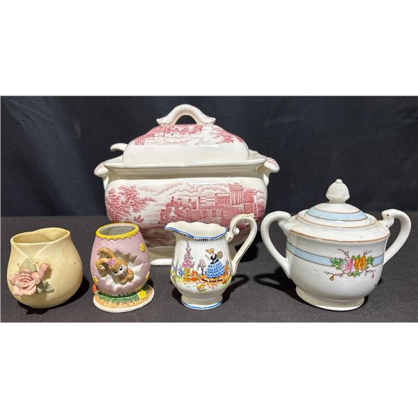 Mix of Ceramic Pieces: Ironstone Tureen, Royal Albert Pitcher, Sugar Bowl, Vases, Egg Cup
