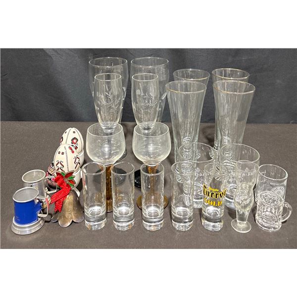 Glassware and Collectibles Lot With Shot Glasses, Decor Eggs, Miniature Mugs, Bell
