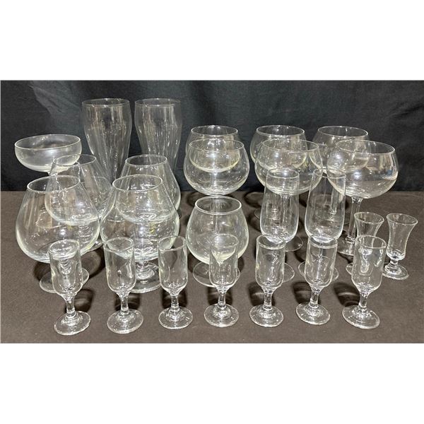 Mixed Clear Glasses Including Wine, Brandy, Beer, and Liqueur Types