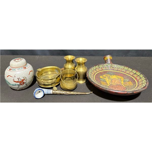 Asian Decorative Items: Lidded Jar, Pipe, Enameled Dish, and Brassware