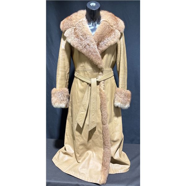 Rajac 44" Long Tan Leather Coat With Brown Fur Collar Cuffs and Lining, Belted