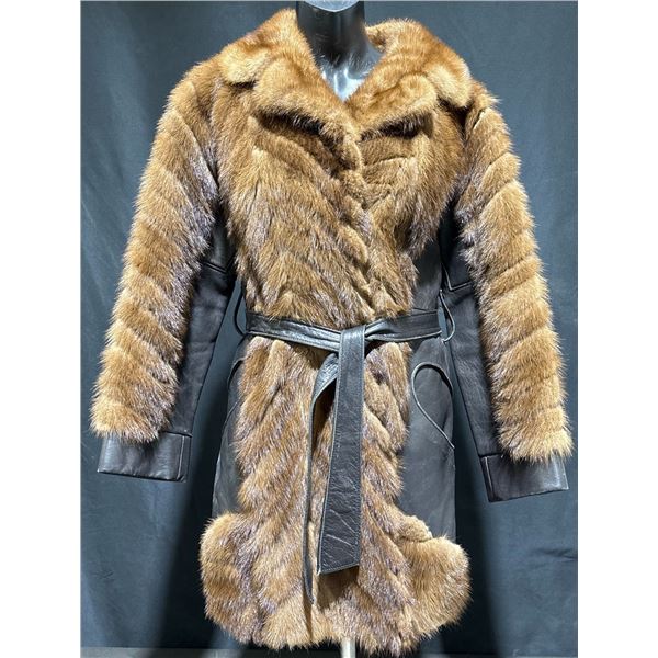 Remfrew Brown Mink Fur and Leather Belted Coat, Approx 22” Long, Satin Lining