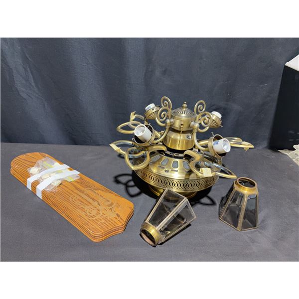 Brass Tone Ceiling Fan Light Fixture With Four Glass Shades And Wooden Mounting Plate
