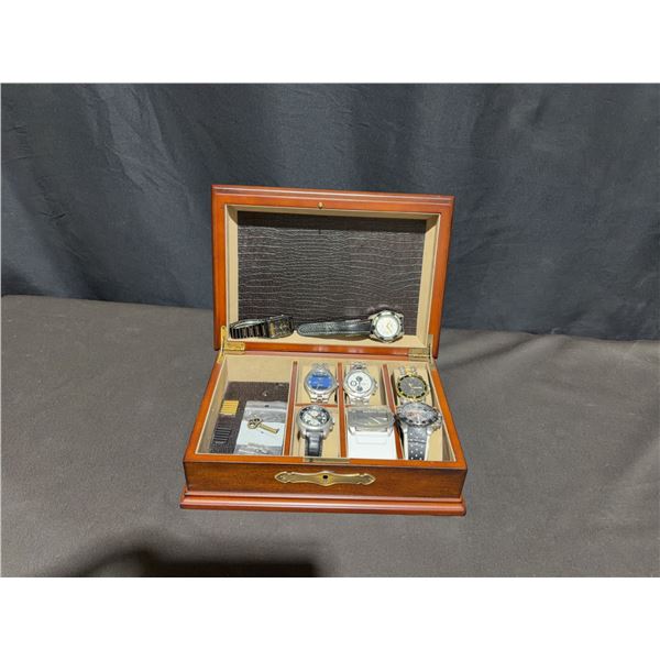 7 Branded Men's Watches in Wooden Case With Key