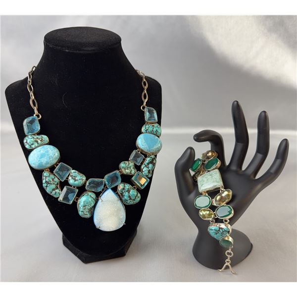 Stamped .925 Turquoise Gemstone Statement Necklace and Bracelet Set