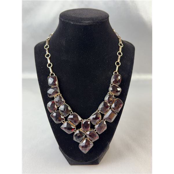 Stamped .925 Garnet Statement Necklace with Faceted Red Stones, 98.3g