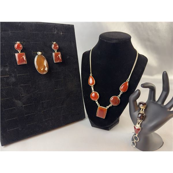 Stamped .925 Carnelian Necklace, Bracelet, Pendant and Earrings Set