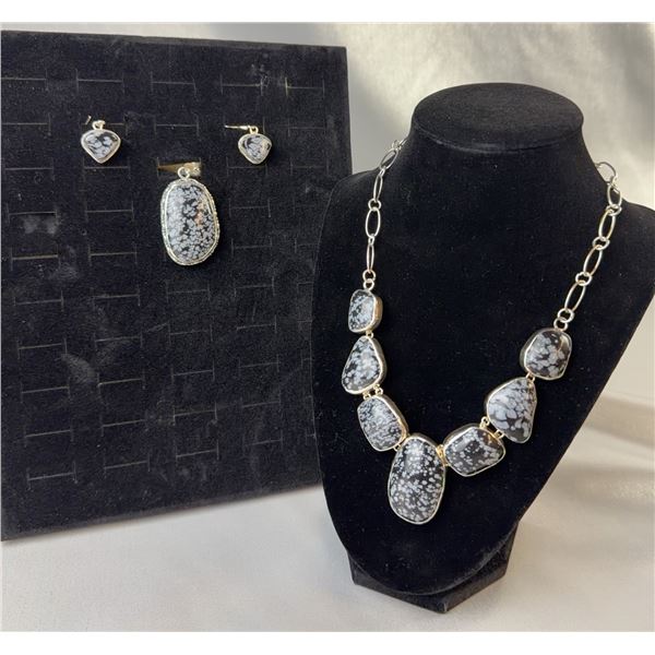 Stamped .925 Snowflake Obsidian Jewelry Set: Necklace, Earrings, Pendant