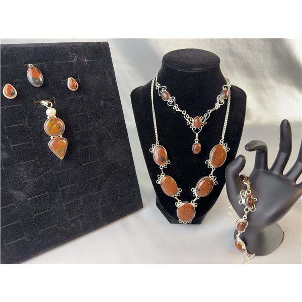 Stamped .925 Mahogany Obsidian Jewelry Set: Necklace, Bracelet, Pendant, Earrings