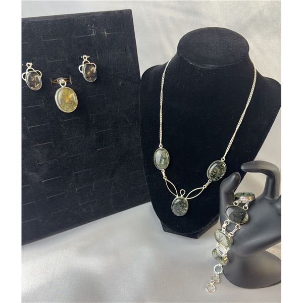 Stamped .925 Tourmalated Quartz Jewelry Set: Necklace, Bracelet, Earrings, Pendant