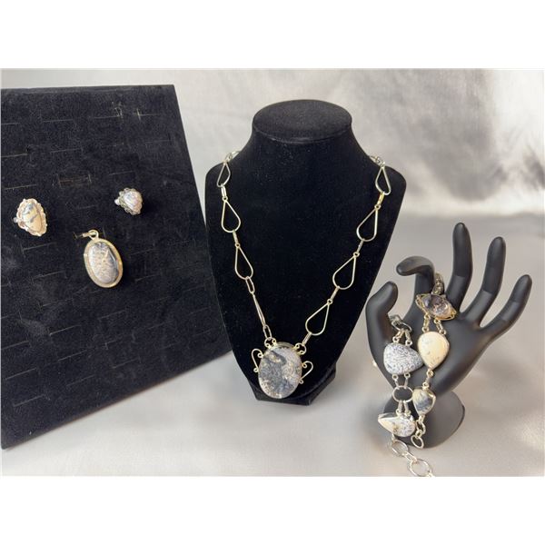 Stamped .925 Silver Dendritic Agate Jewelry Set: Necklace, Two Bracelets, Rings, Pendant