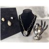 Image 1 : Stamped .925 Silver Dendritic Agate Jewelry Set: Necklace, Two Bracelets, Rings, Pendant