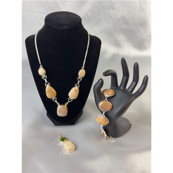 Stamped .925 Starburst Coral Necklace, Bracelet, and Pendant Jewelry Set