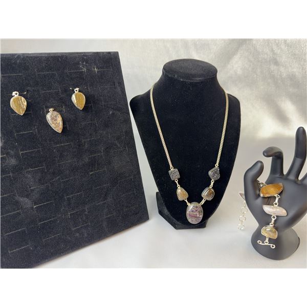 Stamped .925 Ocean Jasper Jewelry Set With Necklace, Earrings, Pendant, Bracelet
