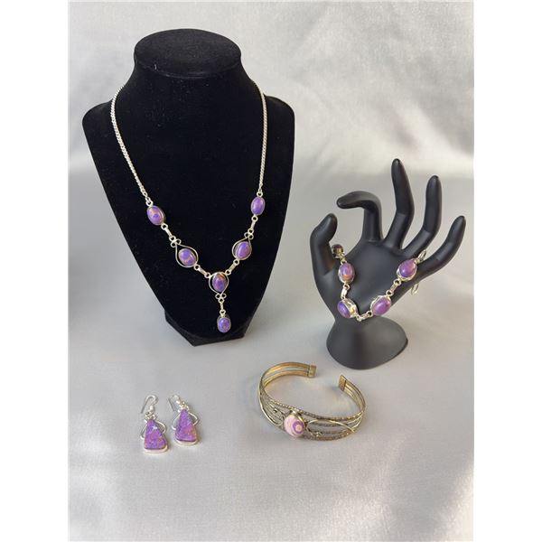 Stamped .925 Mosaic Jasper Jewelry Set: Necklace, Bracelet, Earrings, Cuff Bracelet