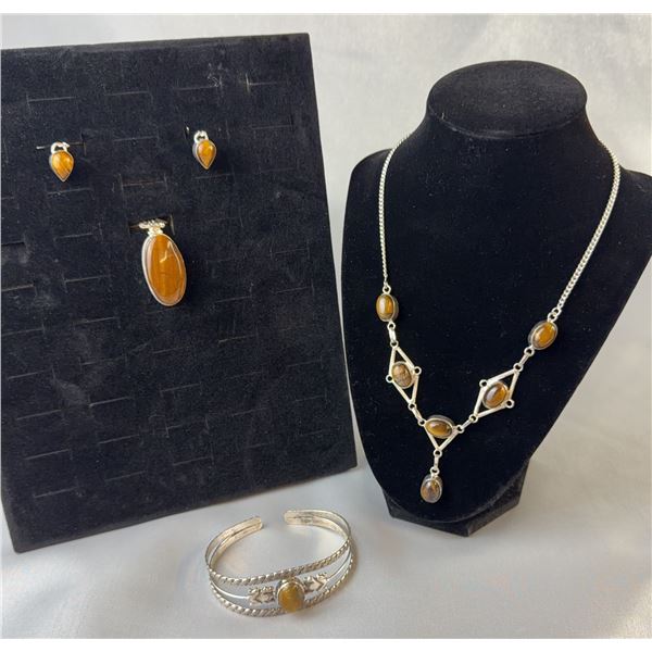 Tiger's Eye and Stamped .925 Jewelry Set: Necklace, Earrings, Pendant, and Bracelet