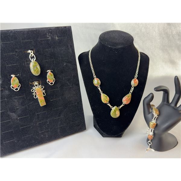 Stamped .925 Silver Unakite Jewelry Set With Necklace, Bracelet, Earrings, and Pendants