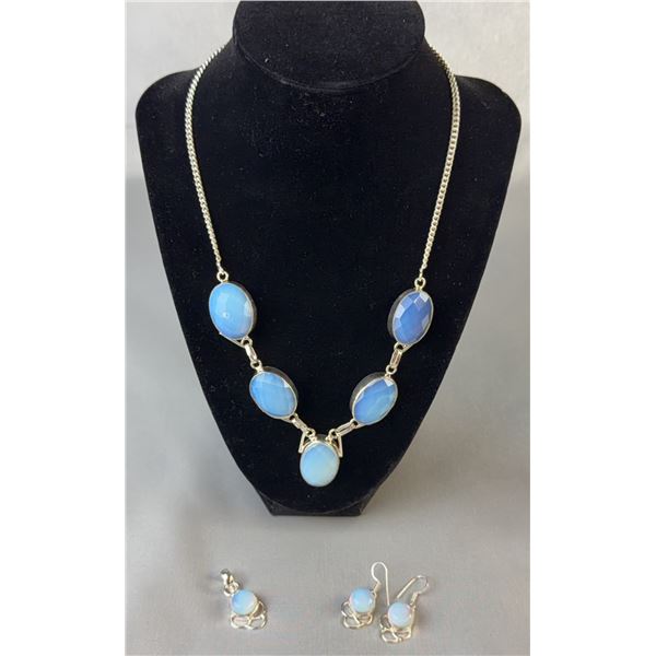 Stamped .925 Opalite Jewelry Set With Necklace, Earrings, and Pendant