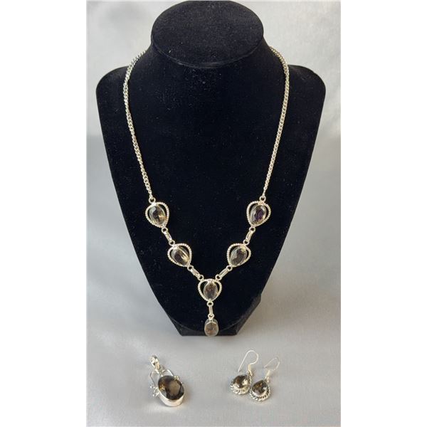 Stamped .925 Smoky Quartz Jewelry Set With Necklace, Pendant, and Earrings