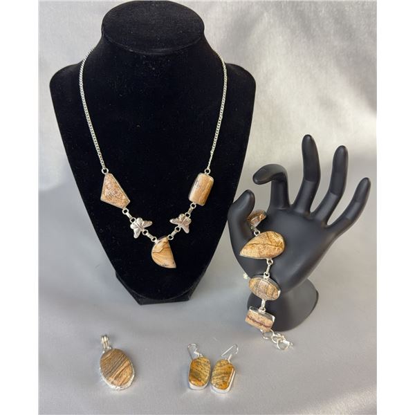 Stamped .925 Picture Jasper Jewelry Set: Necklace, Bracelet, Earrings, Pendant