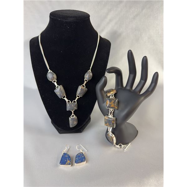 Stamped .925 Mosaic Jasper Jewelry Set with Necklace, Bracelet, and Earrings