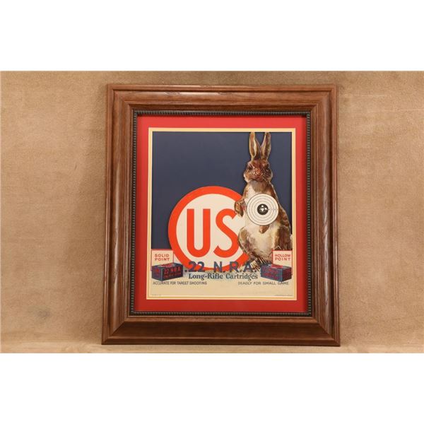 Antique 1926 Us Cartridge Co. .22 N.R.A. Die-cut Cardboard Counter Display Sign Framed 21.5x23