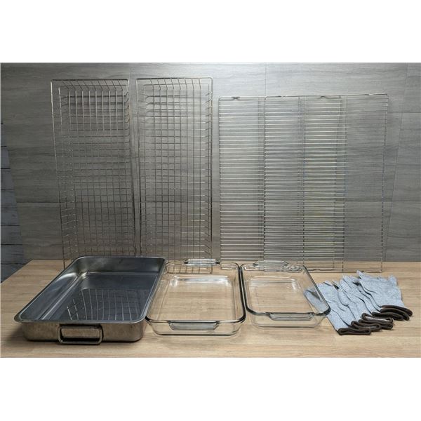 Cooling Racks, Roast Pans, Wire Baskets & Anti Cut Gloves - Lot of 14pcs
