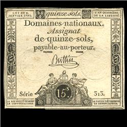 1792 France RARE 15 Sols Assignat Currency AU+ (CUR-05874)