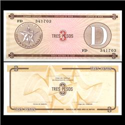 1985 Cuba 3 Peso Foreign Exchange Crisp Uncirculated Note RARE Series D (CUR-05968)