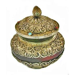 Antique Tibet Silver Encrusted Lidded Woodeb Pot 4.5" (ANT-850)