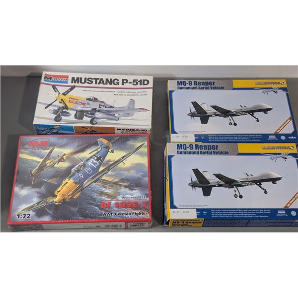 Aircraft Model Kit Lot - VTG Monogram P-51D, ICM Bf 109E-3 & 2 MQ-9 Reapers