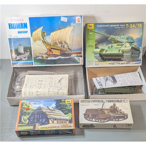 Model Kit Lot - VTG Zvezda T-34/76, Tamiya Universal Carrier, Roman Warship & Country House