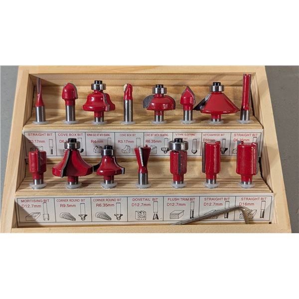 15-Pc Assorted Router Bit Set w/ Wooden Storage Case
